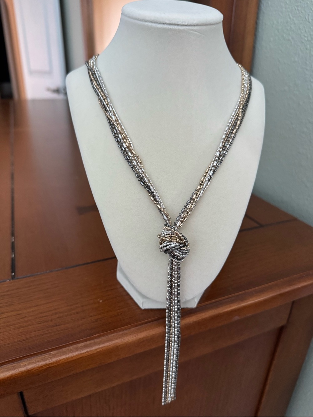 Multi-Strand Silver & Gold Knot Lariat Necklace